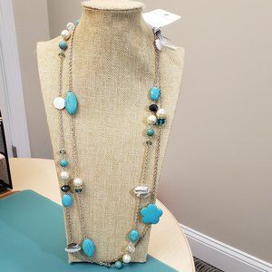 St Emerald, NWT, 2 turquoise, pearl beaded jeweled long silver fashion necklaces